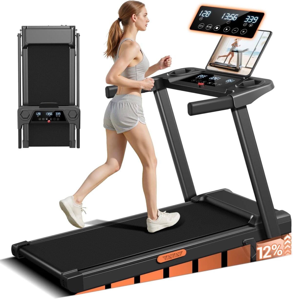 12% Incline Treadmill with Handle, 3-in-1 Portable Treadmills for Home and Office, Foldable Treadmills with 300 Lbs Weight Capacity, 3.0HP Quiet Walking Pad Treadmill, Three Touch Screen - Image 2