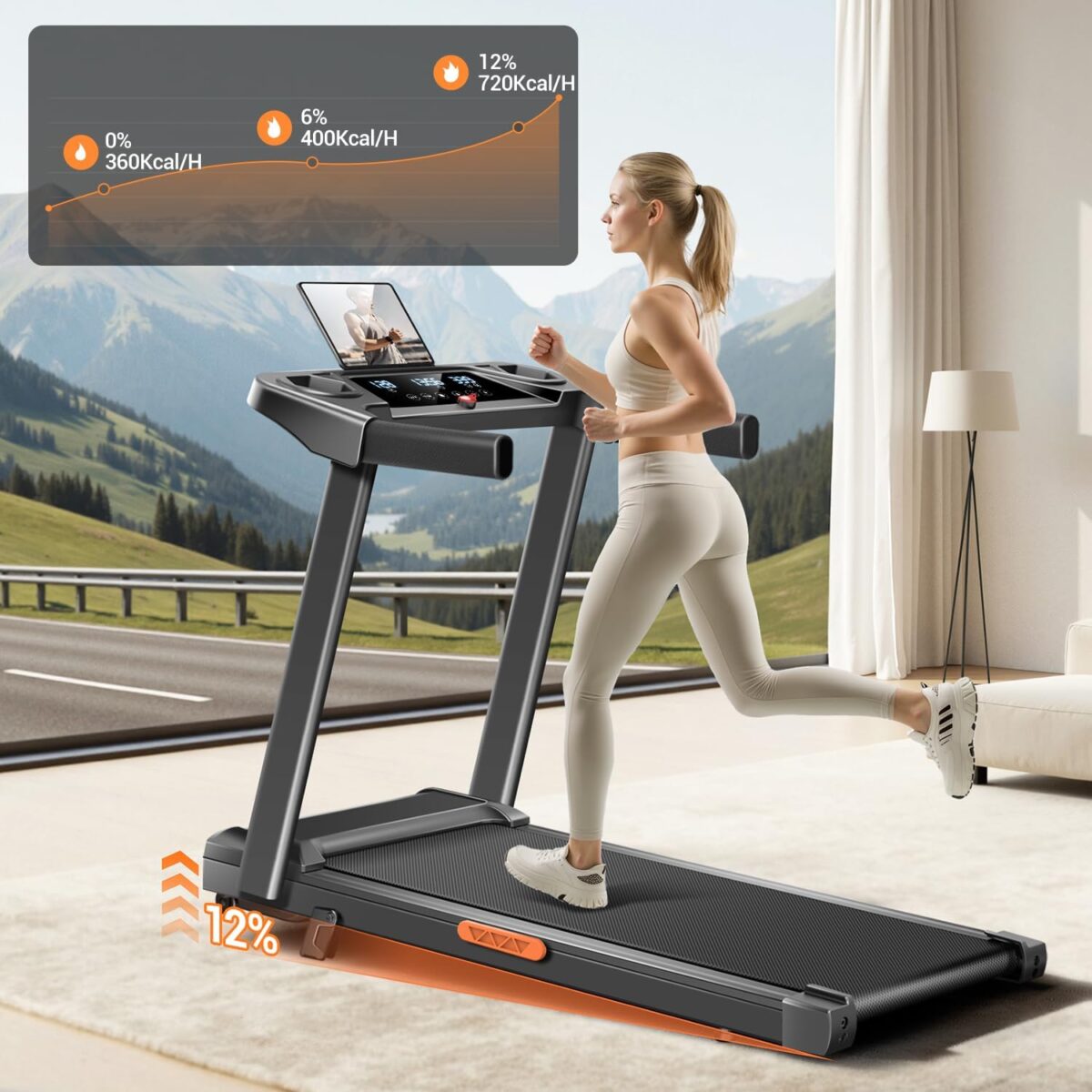 12% Incline Treadmill with Handle, 3-in-1 Portable Treadmills for Home and Office, Foldable Treadmills with 300 Lbs Weight Capacity, 3.0HP Quiet Walking Pad Treadmill, Three Touch Screen - Image 3