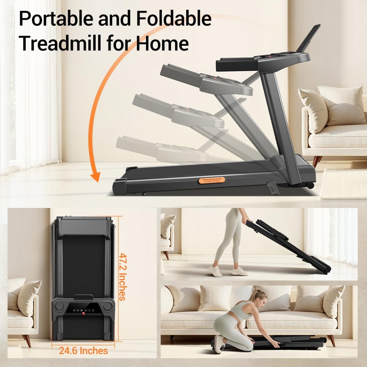 12% Incline Treadmill with Handle, 3-in-1 Portable Treadmills for Home and Office, Foldable Treadmills with 300 Lbs Weight Capacity, 3.0HP Quiet Walking Pad Treadmill, Three Touch Screen - Image 5