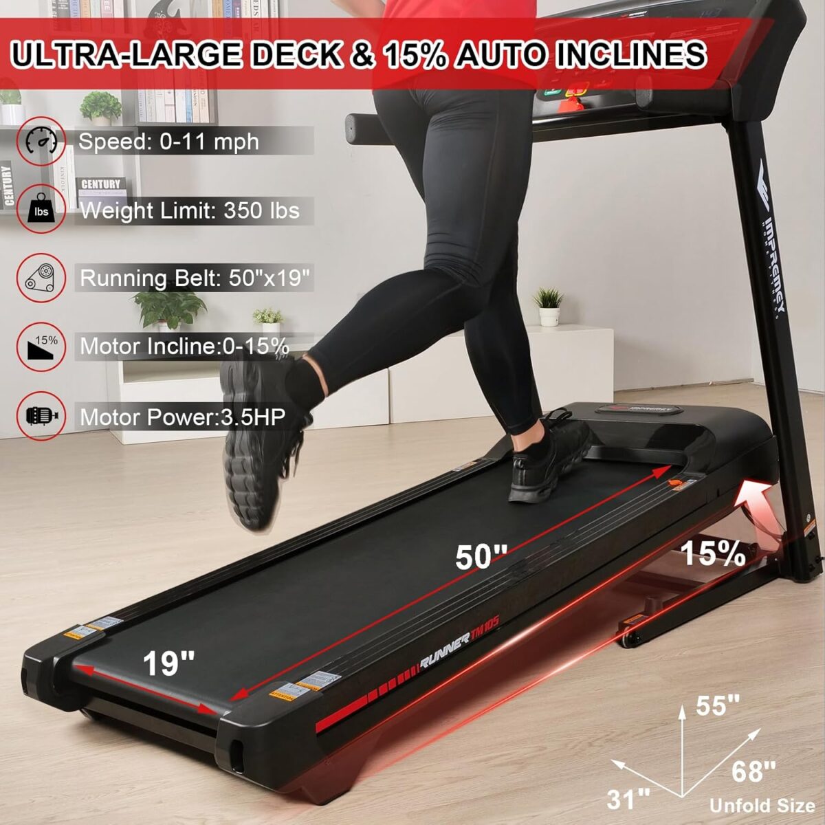 Impremey Folding Treadmill with Auto Incline 15%, 3.5HP, 350 Lb Capacity, 11 MPH, 50" x 19" Ultra Large Running Area, Heart Rate Monitor Armband, HRC Training for Home Walking and Running - Image 5