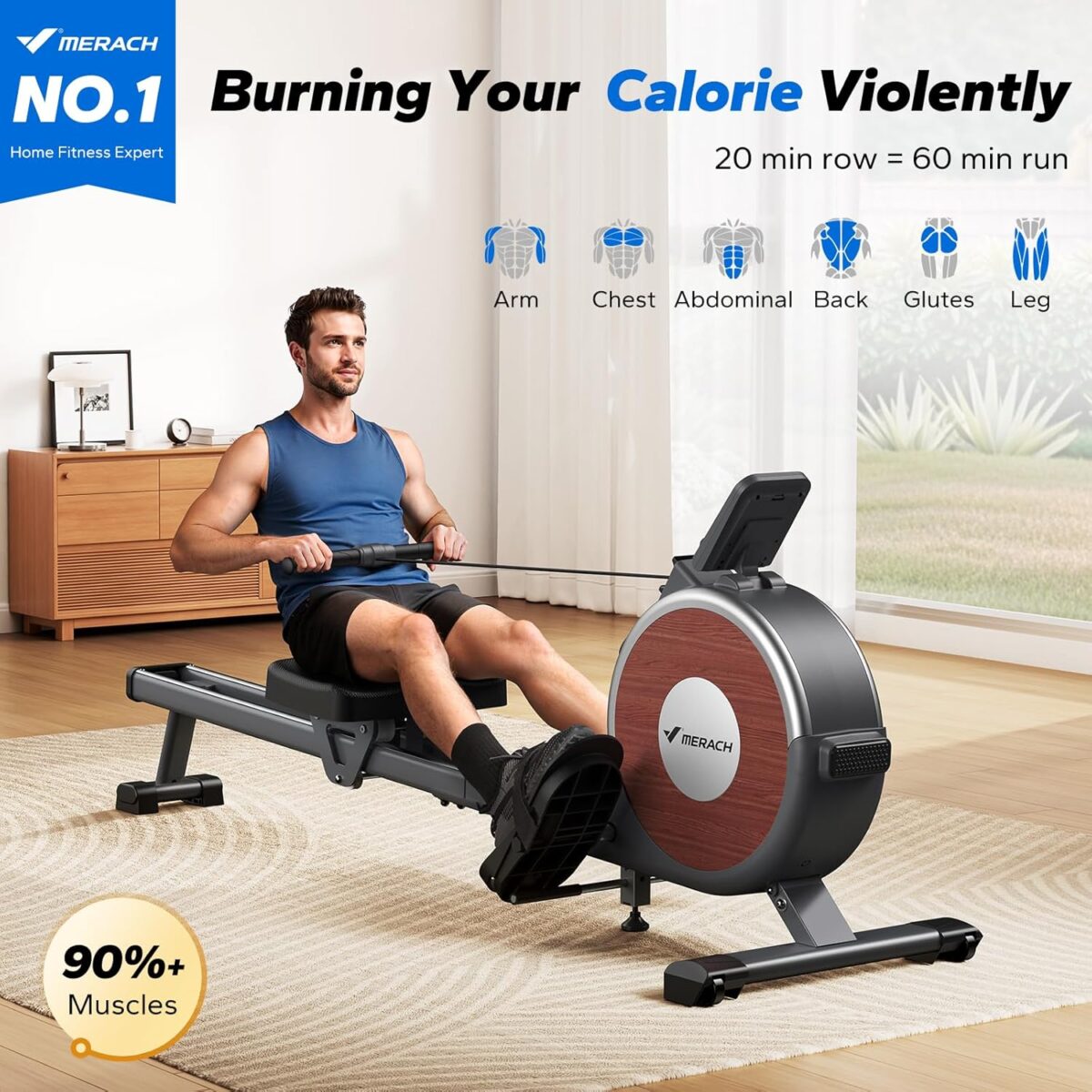MERACH Rowing Machines for Home, Magnetic Rowing Machine with 16 Levels, Rower Machine of Quiet Resistance, Dual Slide Rail with Max 350lbs Weight Capacity, App Compatible - Image 3