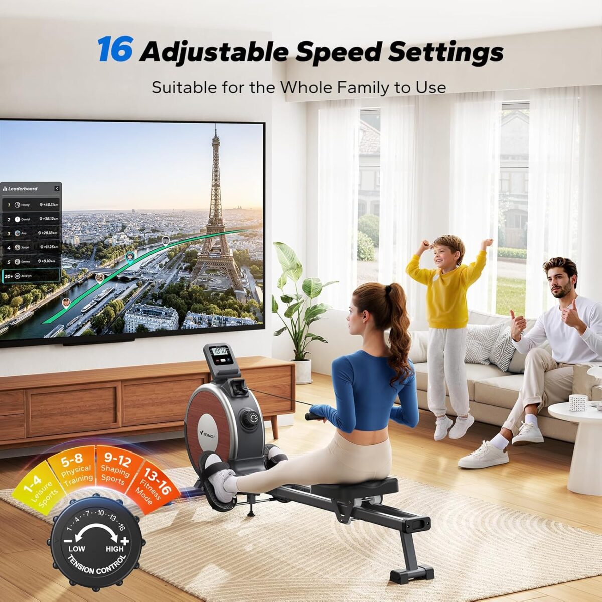 MERACH Rowing Machines for Home, Magnetic Rowing Machine with 16 Levels, Rower Machine of Quiet Resistance, Dual Slide Rail with Max 350lbs Weight Capacity, App Compatible - Image 6