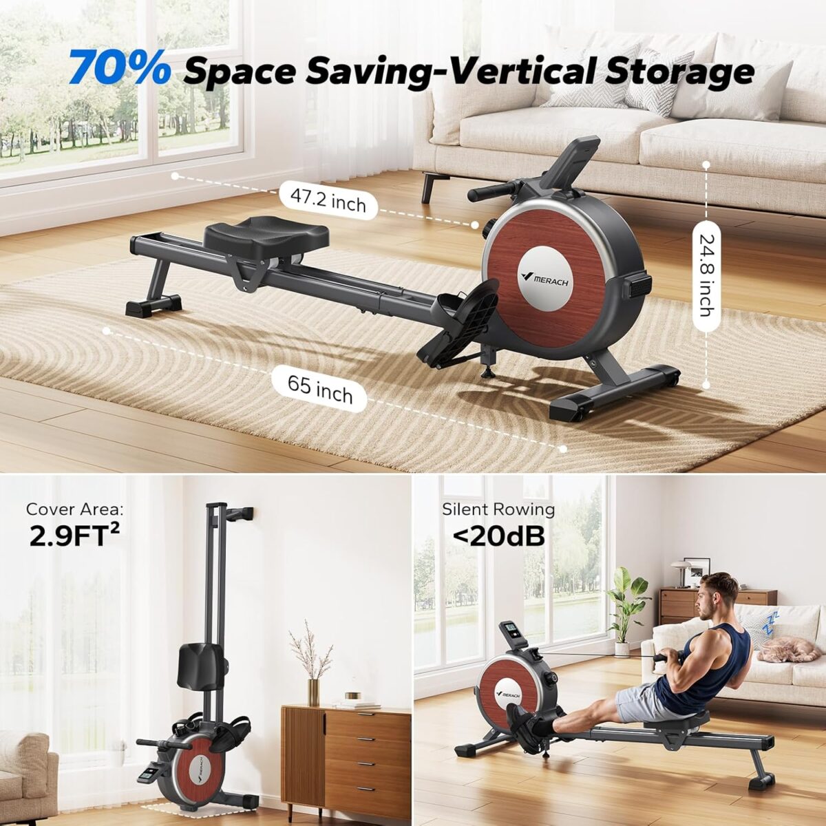 MERACH Rowing Machines for Home, Magnetic Rowing Machine with 16 Levels, Rower Machine of Quiet Resistance, Dual Slide Rail with Max 350lbs Weight Capacity, App Compatible - Image 9