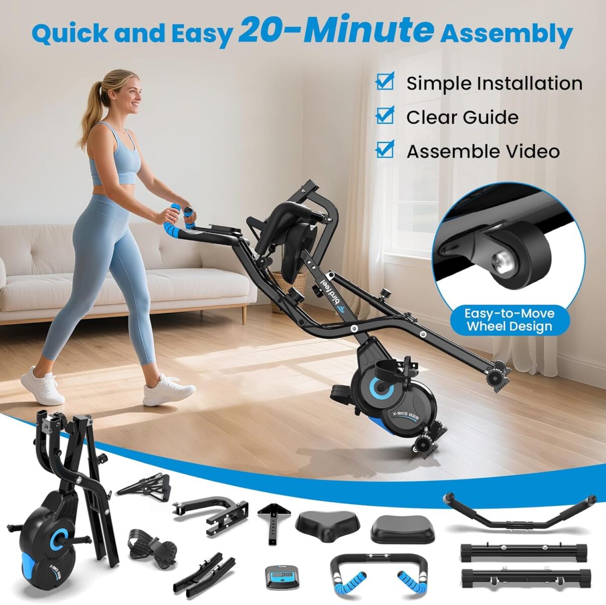Foldable Exercise Bike, Multifunctional Indoor Stationary Bikes for Home with 8-Level Magnetic Resistance, Quiet Workout Bike with Arm Resistance Bands, LCD Monitor, 300LBS Capacity - Image 8