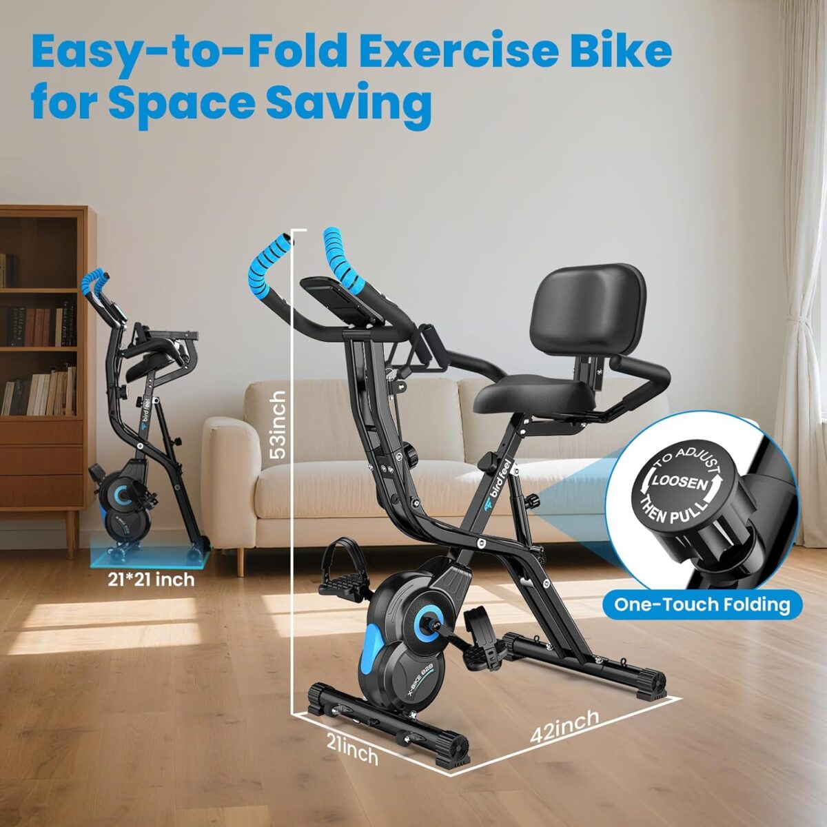 Foldable Exercise Bike, Multifunctional Indoor Stationary Bikes for Home with 8-Level Magnetic Resistance, Quiet Workout Bike with Arm Resistance Bands, LCD Monitor, 300LBS Capacity - Image 9