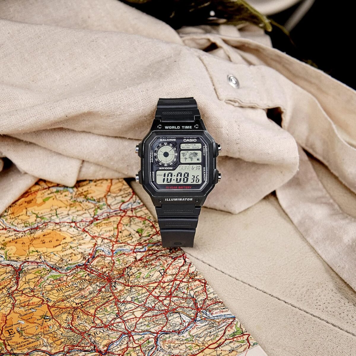 Casio AE1200WH Series | Men’s Digital Watch | 100M WR | Multi Alarms | 100 SEC Stopwatch | Countdown Timer | World Map for World Time | LED Light | LC Analog Display | 10 Year Battery - Image 5