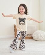 Kids Toddler Girl Clothes Letter Print Graphic Top + Leopard Print Flare Leg Pants 2PC Summer Clothing Set - Image 3