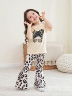 Kids Toddler Girl Clothes Letter Print Graphic Top + Leopard Print Flare Leg Pants 2PC Summer Clothing Set - Image 5