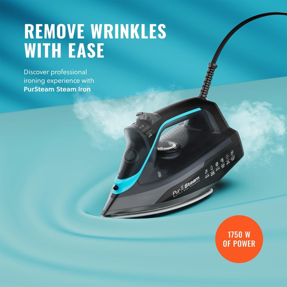 Pursteam SteamBurst+ 1750W Steam Iron, Ceramic Soleplate, Adjustable Steam, Burst of Steam, Self-Clean, Anti-Calc, Anti-Drip, Powerful & Long-Lasting Steam for All Fabrics - Image 3