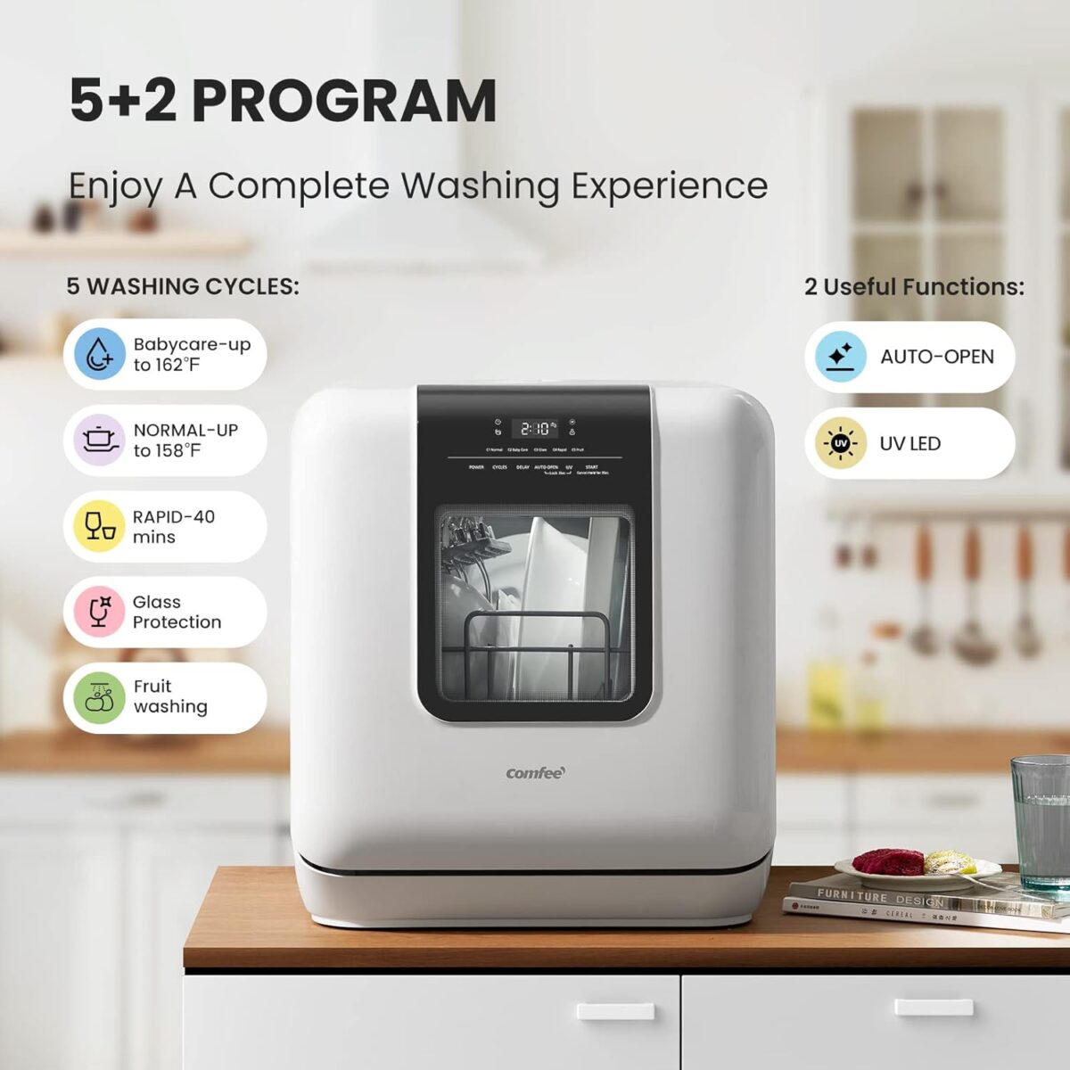 COMFEE' Countertop Dishwasher, Portable Dishwasher with 6L Built-in Water Tank, Mini Dishwasher with More Space Inside, 7 Programs, UV Hygiene& Auto Door Open, for Apartments, Dorms& RVs, White - Image 6