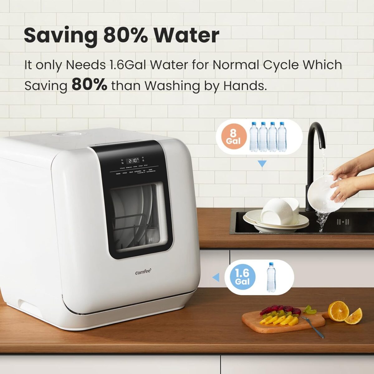 COMFEE' Countertop Dishwasher, Portable Dishwasher with 6L Built-in Water Tank, Mini Dishwasher with More Space Inside, 7 Programs, UV Hygiene& Auto Door Open, for Apartments, Dorms& RVs, White - Image 9