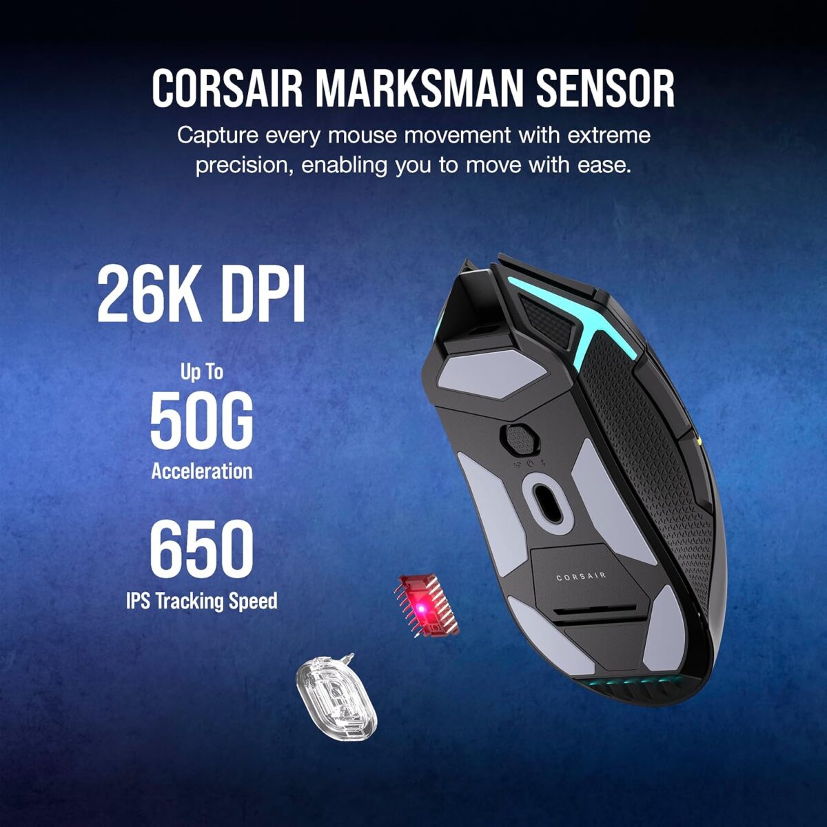 Corsair NIGHTSABRE RGB Wireless Gaming Mouse for FPS, MOBA - 26,000 DPI - 11 Programmable Buttons - Up to 100hrs Battery - iCUE Compatible - Black - Image 5