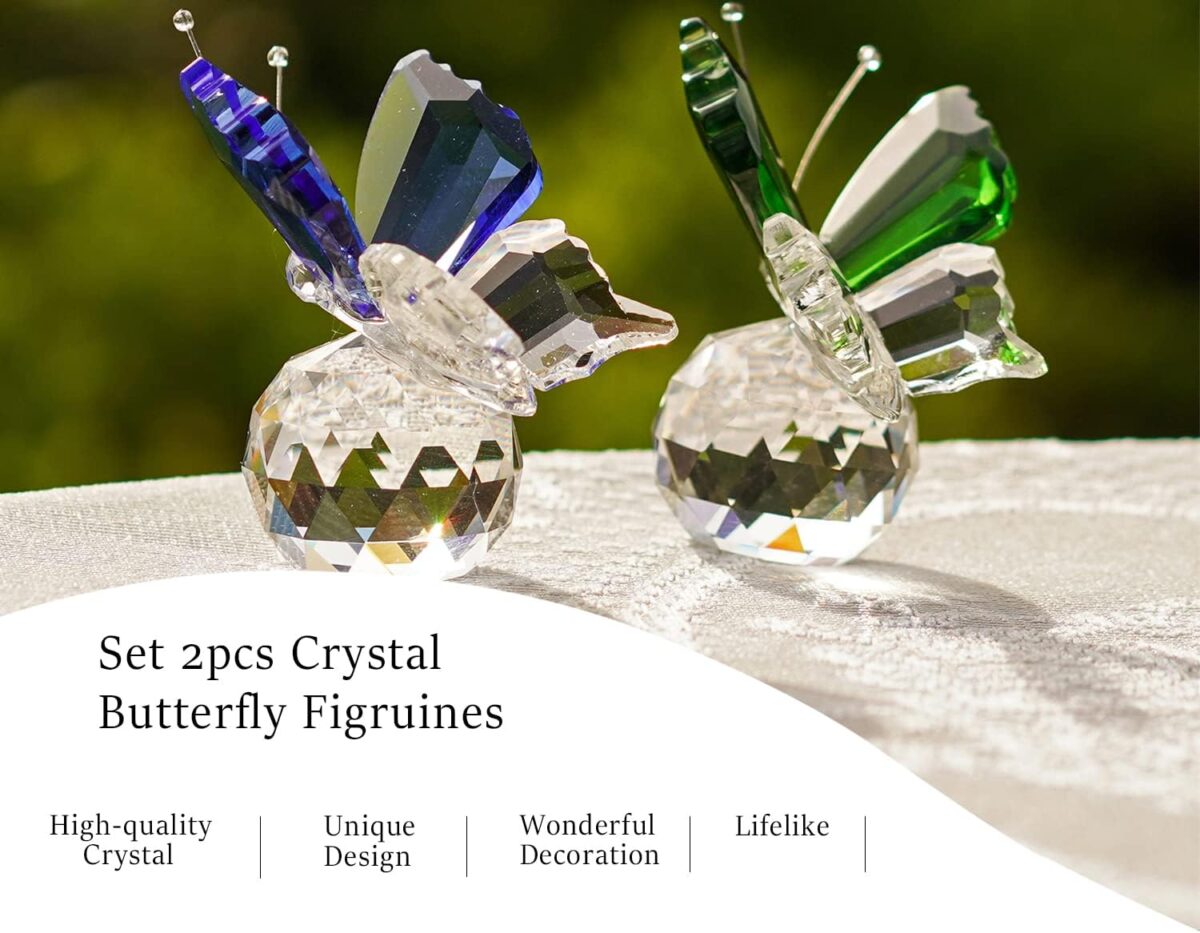 H&D HYALINE & DORA Set 2pcs Butterfly Crystal Figurine Collection Cut Glass Animal Ornament Art Craft Statue with Ball Base Table Wedding Decoration Women Gift - Image 4