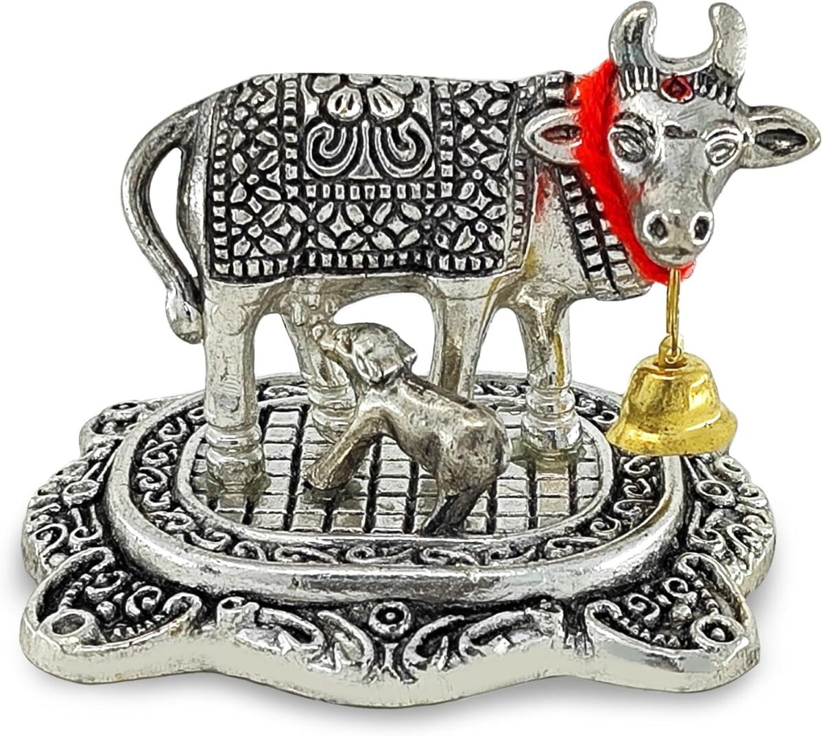 NOBILITY Pooja Items Diwali Gift Silver Antique Small Kamdhenu Cow and Calf with Blue Box Metal Statue Decorative Item Showpiece for Home Office Decoration Wedding Return Gifts - Image 4