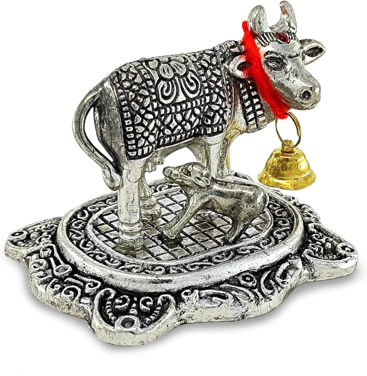 NOBILITY Pooja Items Diwali Gift Silver Antique Small Kamdhenu Cow and Calf with Blue Box Metal Statue Decorative Item Showpiece for Home Office Decoration Wedding Return Gifts - Image 9