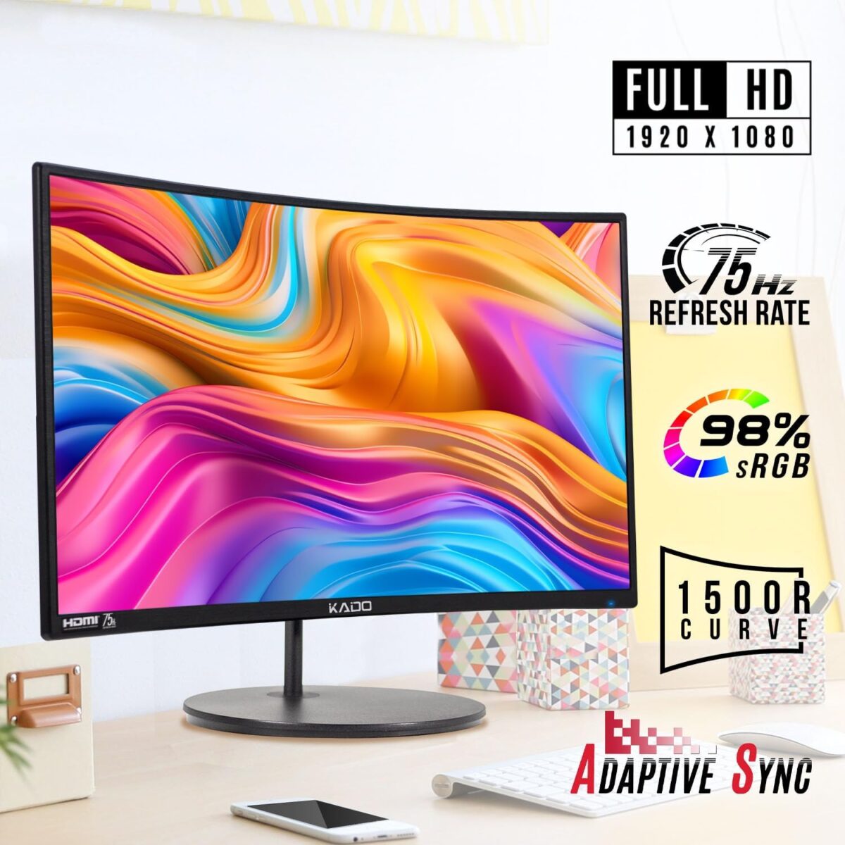 Kado Dual Monitor Setup - 2-Pack 24" Curved 1920x1080 Computer Monitor 1500R 75Hz VESA Mount HDMI Office Gaming Hybrid Built-in Speakers (C24X Dual Series) - Image 4