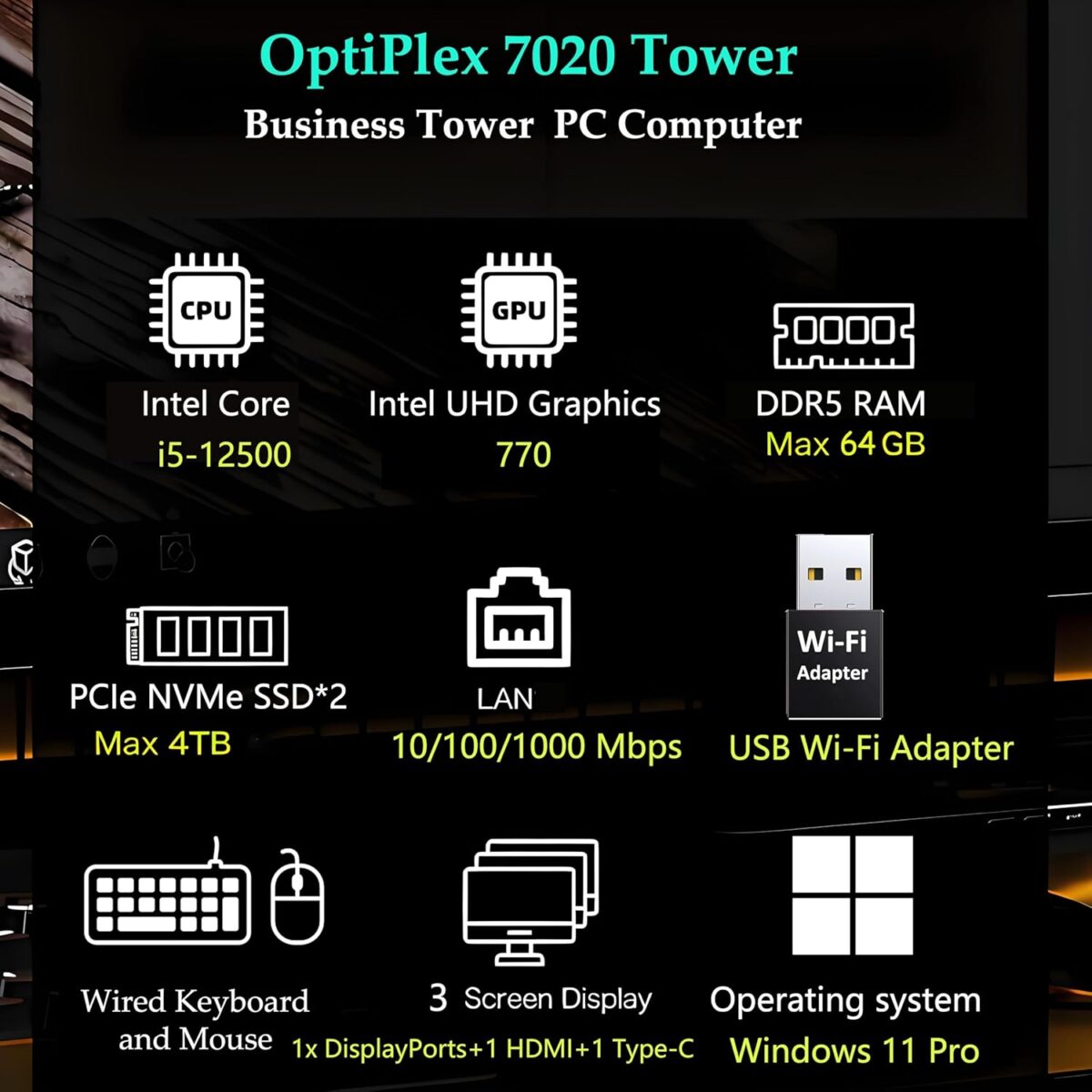 Dell OptiPlex 7020 7000 Series Tower Business Desktop Computer, Intel 6-Core i5-12500 (Beat i7-11700), 64GB DDR5 RAM, 1TB PCIe SSD, DVDRW, WiFi Adapter, RJ-45, HDMI, DisplayPort, Windows 11 Pro - Image 3