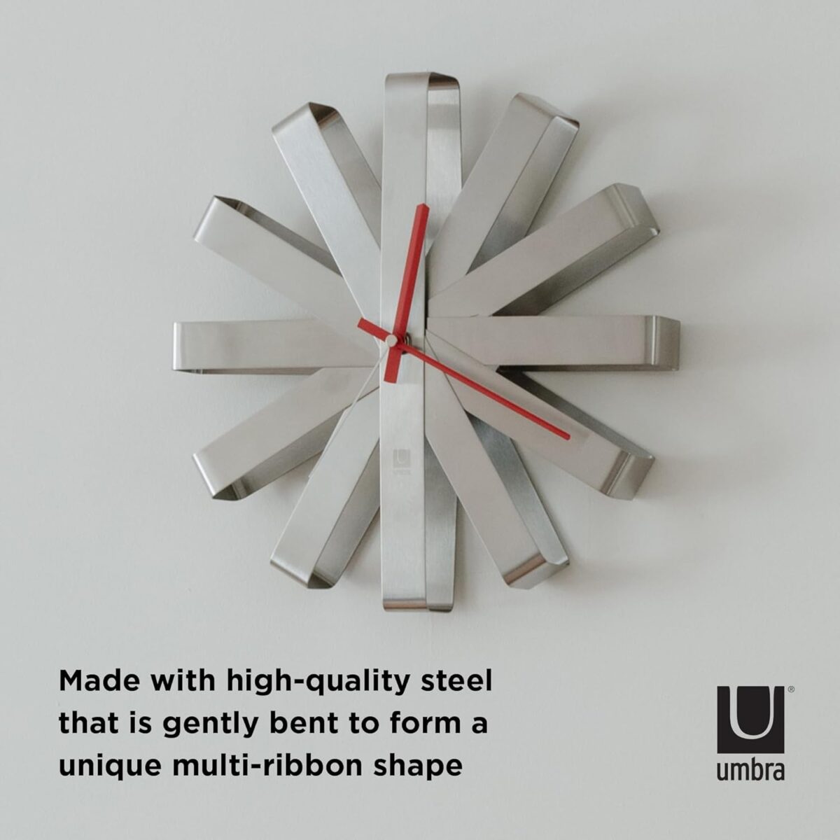 Umbra Ribbon Modern 12-inch Wall Clock, Battery Operated Quartz Movement, Silent Non Ticking Wall Clock, Stainless Steel - Image 5