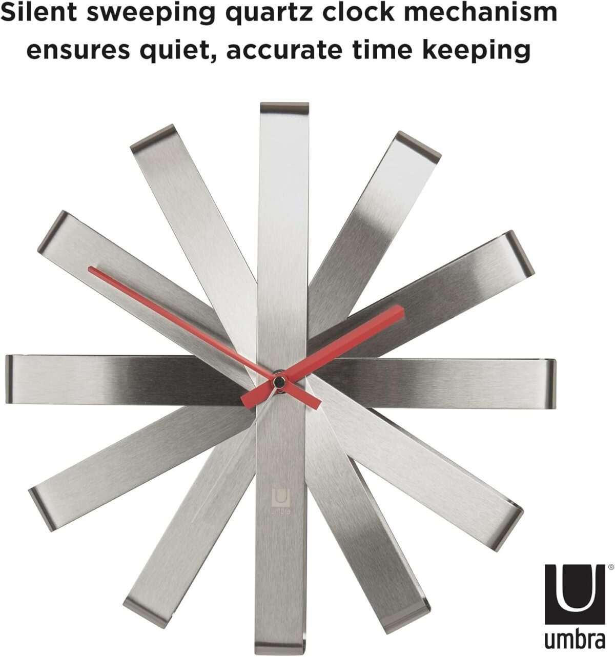 Umbra Ribbon Modern 12-inch Wall Clock, Battery Operated Quartz Movement, Silent Non Ticking Wall Clock, Stainless Steel - Image 6