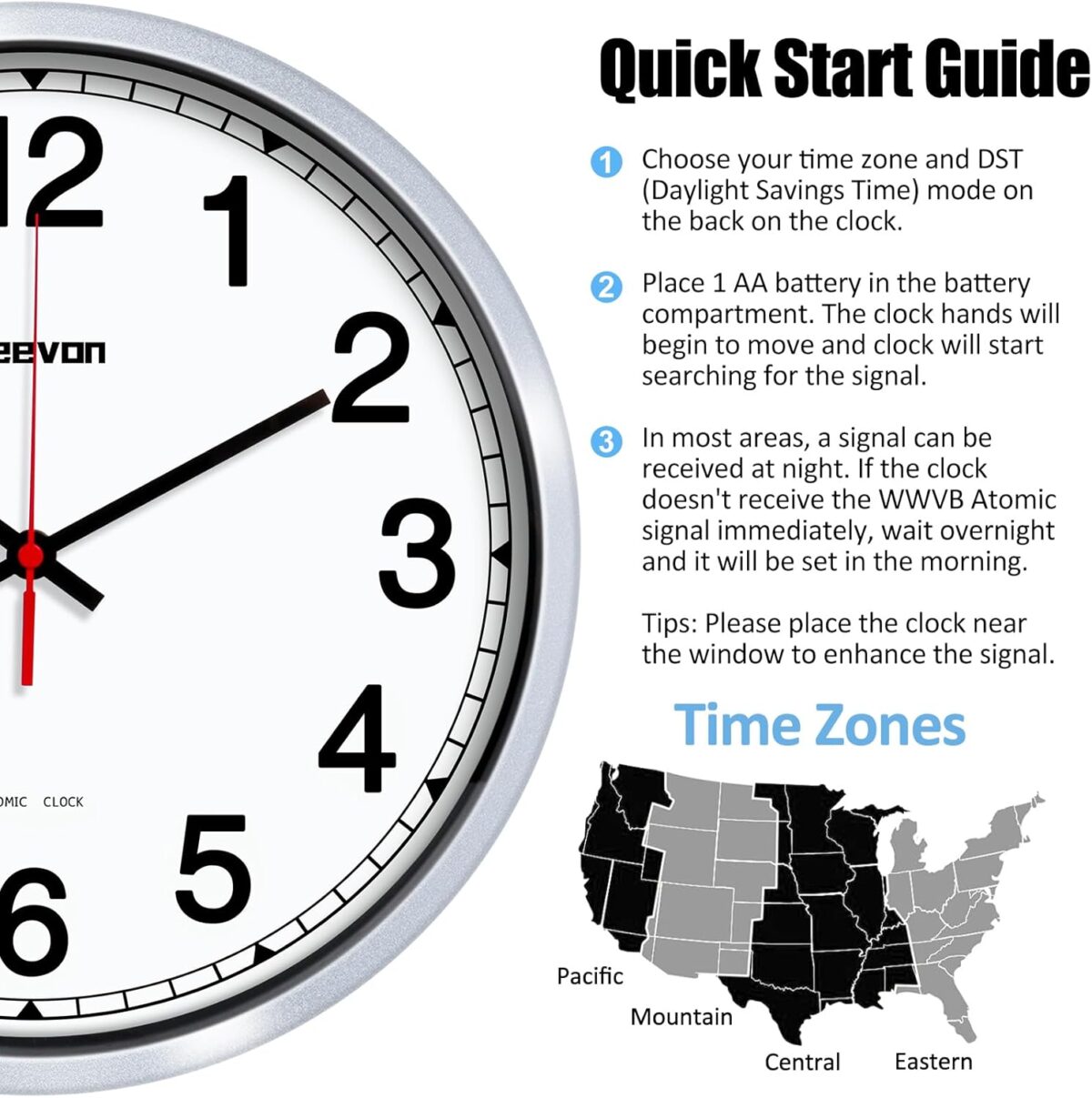 Geevon 12 Inch Atomic Wall Clock - Self-Setting Analog Clock with Automatic Time Sync - Battery Operated for Home Office School - Silver Frame - Image 7