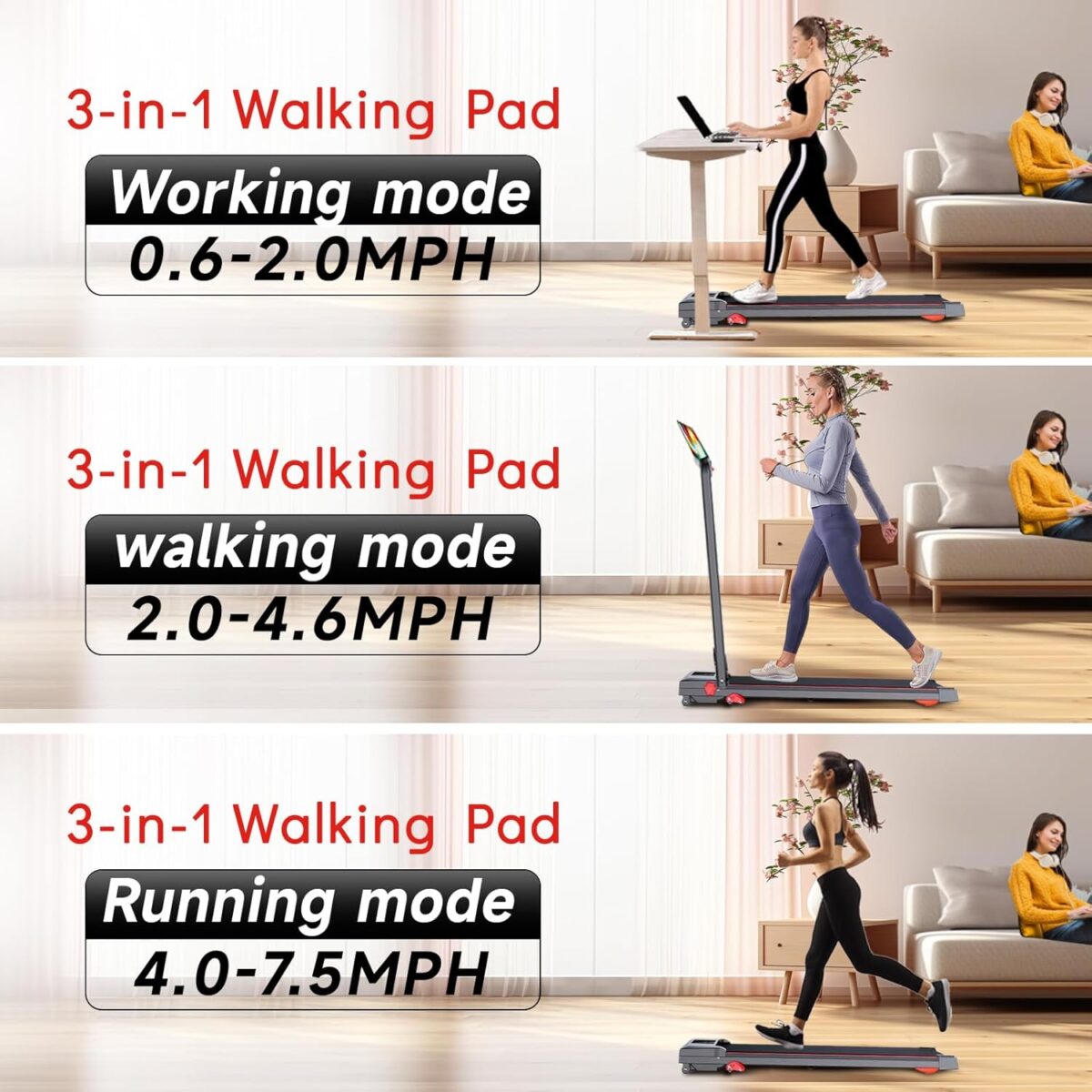 Walking Pad Treadmill with Incline and Handle Bar, 7.5MPH Under Desk Treadmill for Home Office, 360 Lbs Capacity Portable Treadmills with Remote Control, Led Display - Image 5