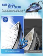 Sundu Steam Iron for Clothes with Rapid Heating Ceramic Coated Soleplate, 1500W with Precise Thermostat Dial, Self-Cleaning, Auto-Off, 15.21oz Water Tank for Home Clothes Ironing Use, Blue - Image 5
