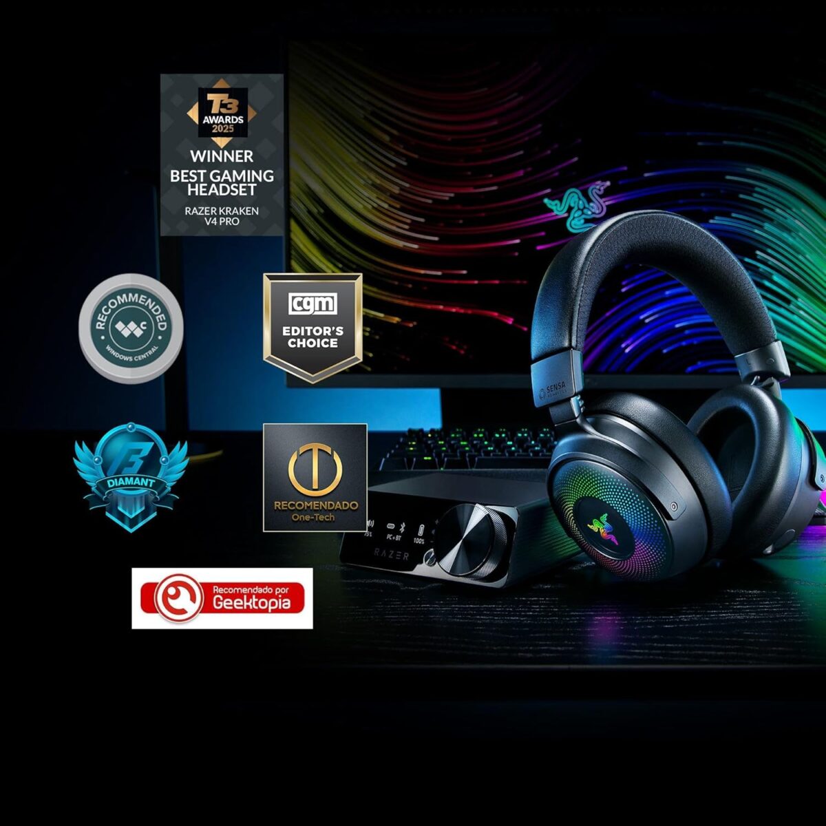 Razer Kraken V4 Pro Wireless Gaming Headset: OLED Control Hub - HD Haptics - 2.4GHz Wireless - Bluetooth - USB - 3.5 mm - Super Wideband Mic - For PC, Mac, PS5, Nintendo Switch, Steam Deck, Smartphone - Image 3