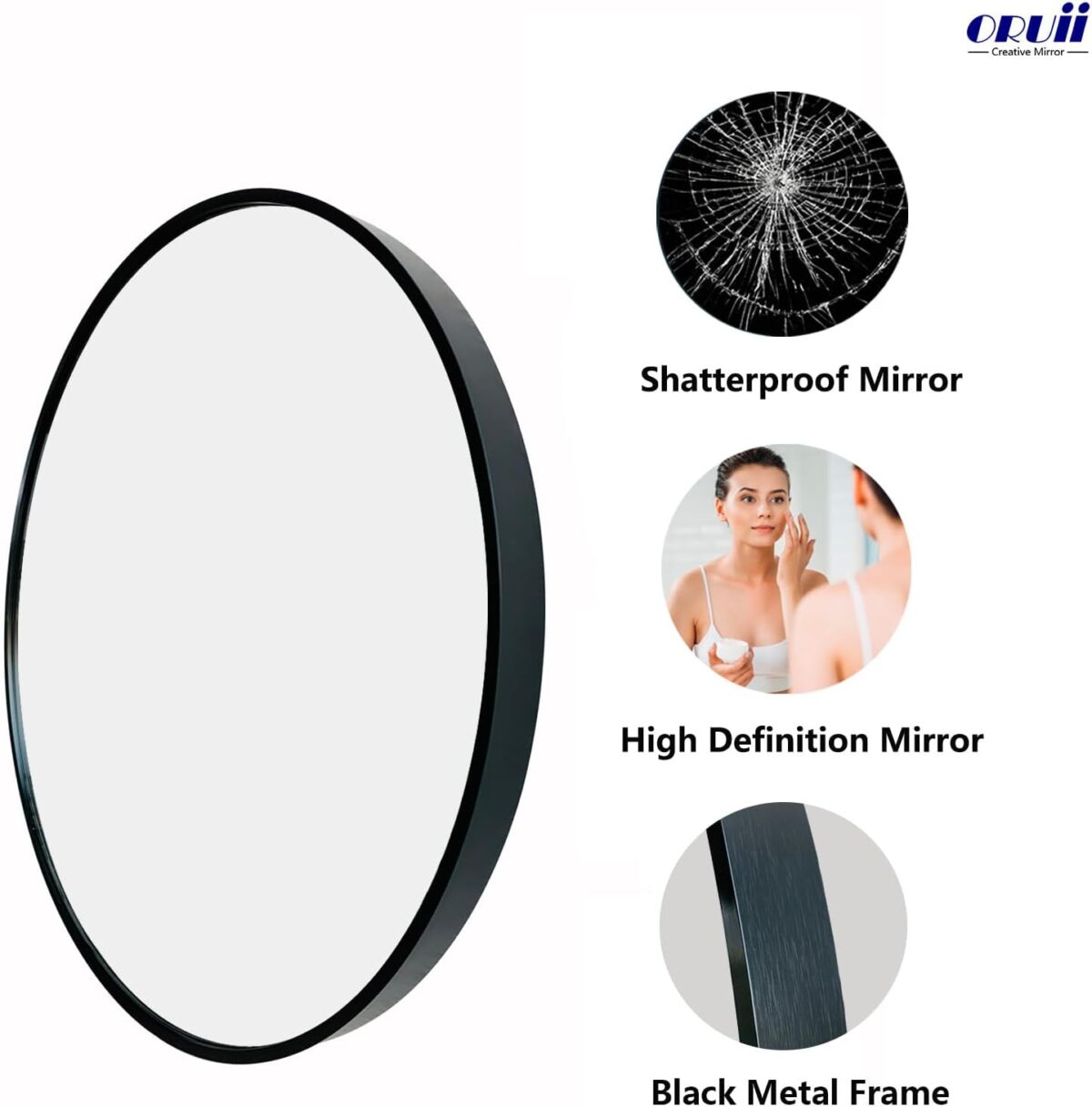 Round Mirror, Black Round Mirror 24 inch, Circle Wall Mirrors Metal Frame, Circular Mirrors for Wall, Living Room, Bathroom, Vanity, Entryway, Hallway. - Image 3