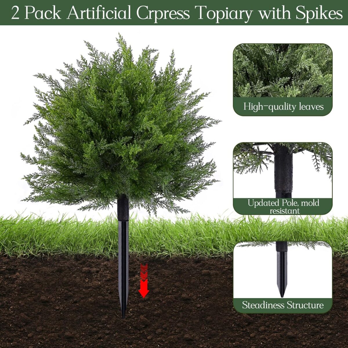 23.6" Artificial Cypress Topiary Outdoor Plants with Spike, 2 Pack Faux Cedar Bushes UV Resistant Fake Shrubs for Front Porch Décor (Cedar Topiary Ball Trees) - Image 3