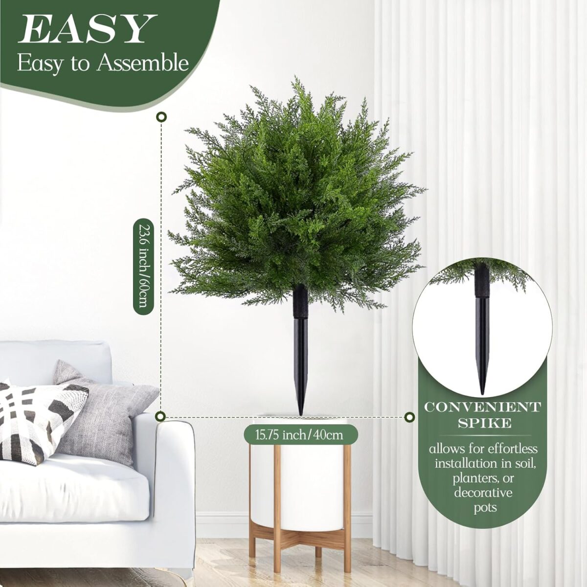 23.6" Artificial Cypress Topiary Outdoor Plants with Spike, 2 Pack Faux Cedar Bushes UV Resistant Fake Shrubs for Front Porch Décor (Cedar Topiary Ball Trees) - Image 5
