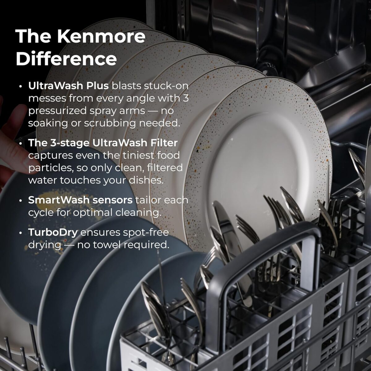 Kenmore 24" Built-In Dishwasher - Quiet Tub with TurboDry, Leak, & SmartWash Soil Detection - 15 Place Settings - 49 DBA - ENERGY STAR Certified - Fingerprint Resistant Stainless Steel - Image 5