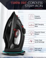 Cordless Iron for Clothes, 1500W Steam Iron Rapid Heating, Non-Stick Ceramic Soleplate, Auto Shut Off, Burst of Steam, Self-Clean, Anti Drip, 3 Temperature Settings, 11.84oz Water Tank, Black - Image 3