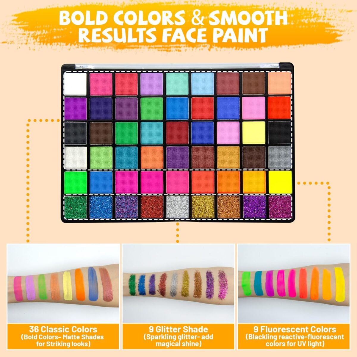 54 Colors Face Painting Kit for Kids, Non-Toxic Water Activated Face Paint Palette, Facepaint Makeup Kit with Brushes, Stencils, Gems, for Festivals, Halloween, Carnival, Birthday Parties - Image 5