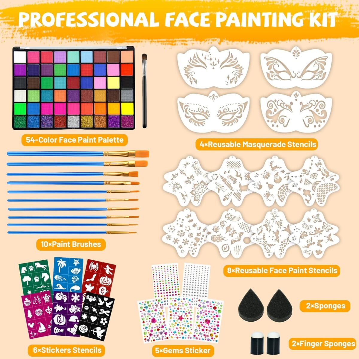 54 Colors Face Painting Kit for Kids, Non-Toxic Water Activated Face Paint Palette, Facepaint Makeup Kit with Brushes, Stencils, Gems, for Festivals, Halloween, Carnival, Birthday Parties - Image 6