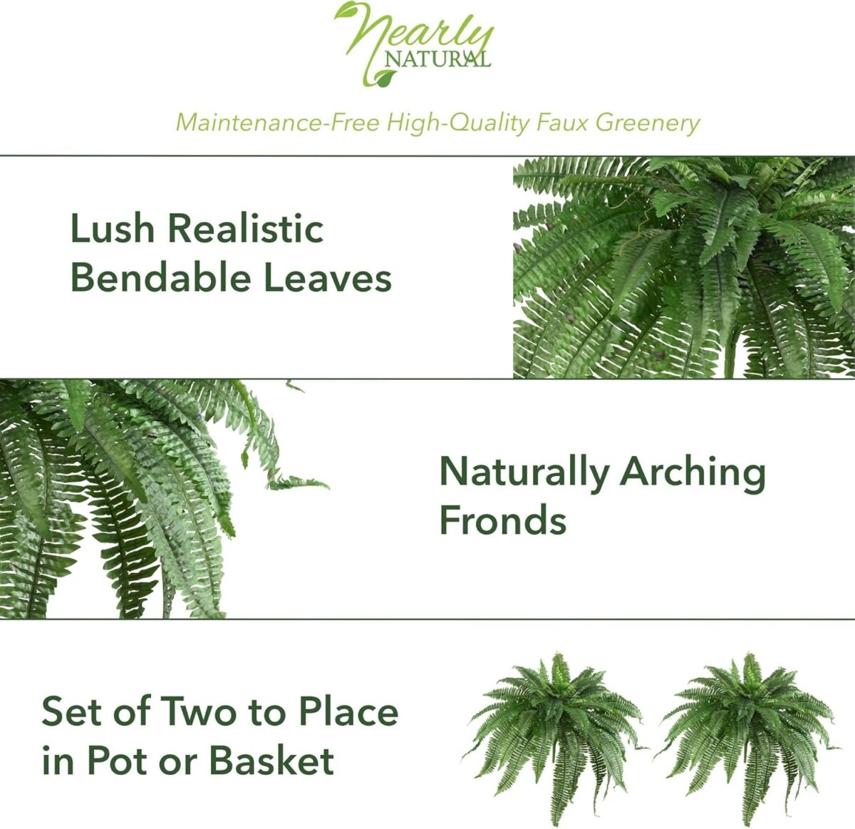 Nearly Natural 48-in Artificial Boston Fern, Set of 2, Large Hanging Fake Plant Wall Decor with 67 Fronds, Faux Fern Vines that Look Real for Home and Office Decor - Image 6