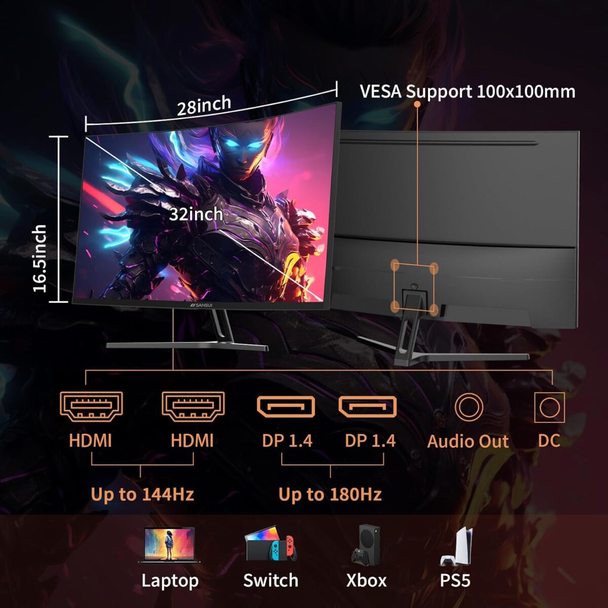 SANSUI 32-Inch Curved Gaming Monitor WQHD 2560 x 1440 180Hz Curved 1500R -Fast VA,1ms(OD), HDR, 300nits, sRGB 125%, DCI-P3 95%, FreeSync, HDMI x2, DP1.4x2(DP Cable Included) - Image 5