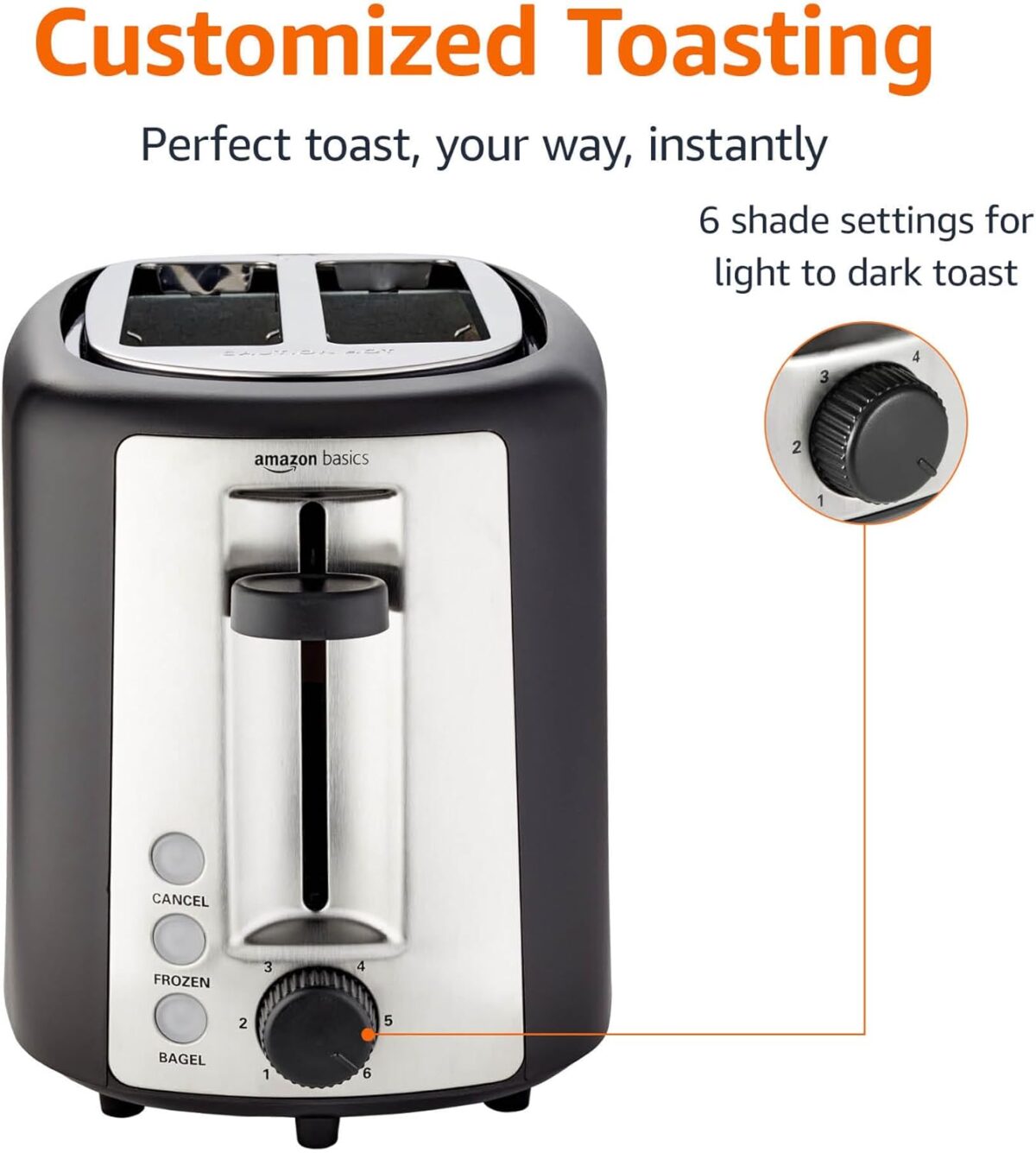 Amazon Basics 2 Slice Toaster, With 6 Browning Settings, Extra Wide Slots For Bagels and Special Breads, Removable Easy-to-Clean Crumb Tray, Cancel/Defrost/Bagel Buttons, 900W, Black & Silver - Image 3