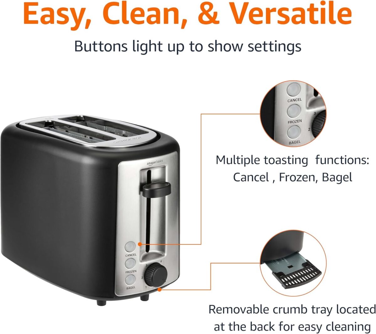 Amazon Basics 2 Slice Toaster, With 6 Browning Settings, Extra Wide Slots For Bagels and Special Breads, Removable Easy-to-Clean Crumb Tray, Cancel/Defrost/Bagel Buttons, 900W, Black & Silver - Image 5