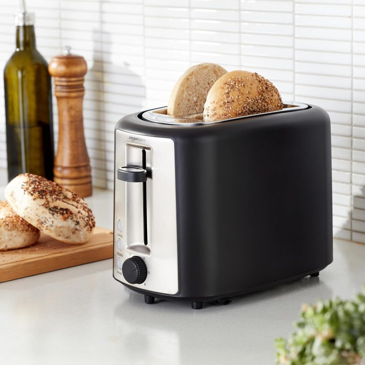 Amazon Basics 2 Slice Toaster, With 6 Browning Settings, Extra Wide Slots For Bagels and Special Breads, Removable Easy-to-Clean Crumb Tray, Cancel/Defrost/Bagel Buttons, 900W, Black & Silver - Image 7