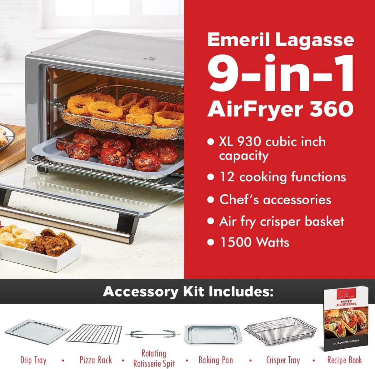 Emeril Lagasse Everyday 360 Stainless Steel Air Fryer, 360° Quick Cook Technology, XL capacity, 9-in-1, 12 Pre-Set Cooking Functions including Bake, Rotisserie, Broil, Pizza, Slow Cook, Toaster - Image 3
