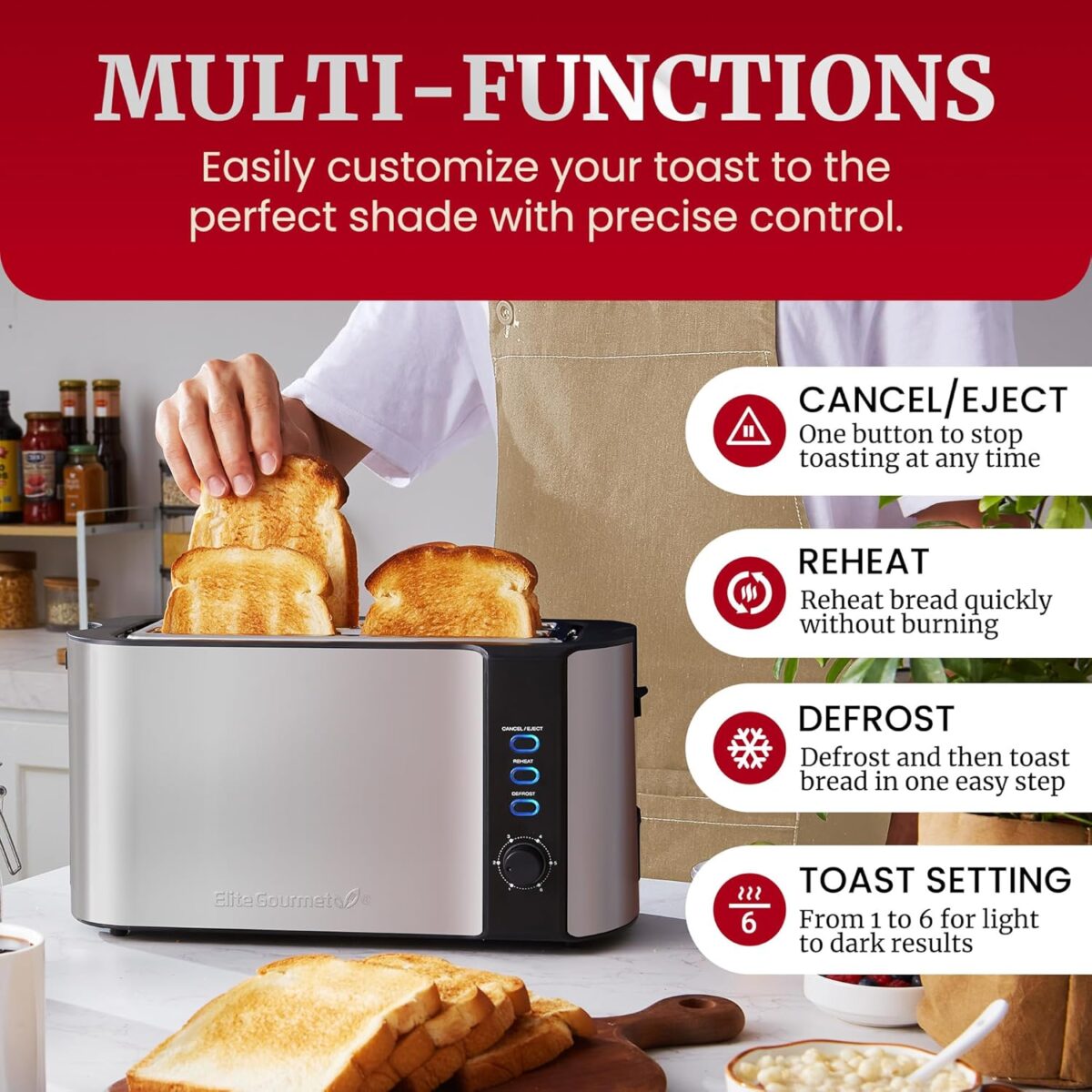 Elite Gourmet ECT-3100 Long Slot 4 Slice Toaster, Reheat, 6 Toast Settings, Defrost, Cancel Functions, Built-in Warming Rack, Extra Wide Slots for Bagels & Waffles, Stainless Steel & Black - Image 4