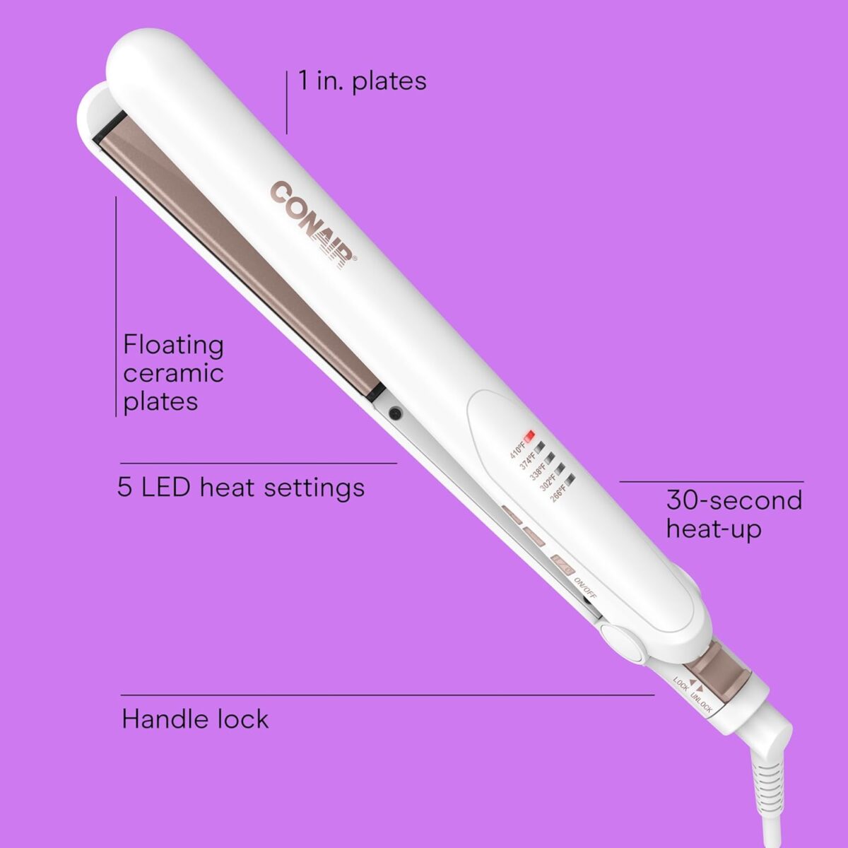 Conair Double Ceramic Flat Iron, 1-Inch Flat Iron Hair Straightener, Five Heat Settings, Extra Long Floating Plates, White - Image 3