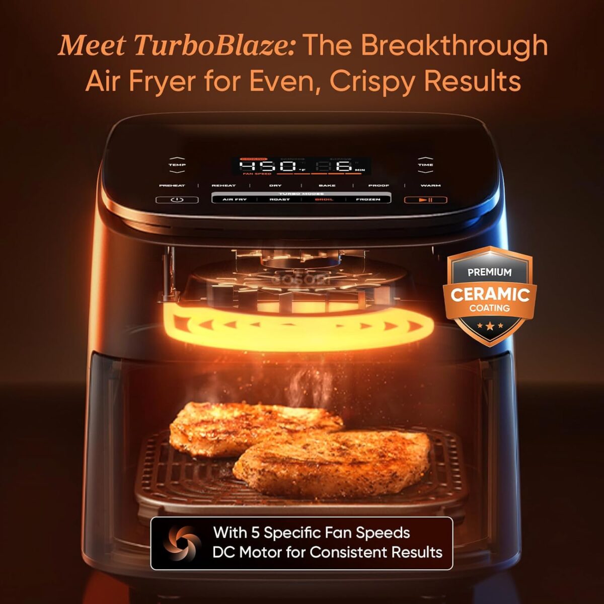 Cosori 9-in-1 TurboBlaze Air Fryer 6 Qt, Premium Ceramic Coating, 90°–450°F, Precise Heating for Even Results, Air Fry, Roast, Bake, Broil, Dry, Frozen, Proof, Reheat, Keep Warm, 120V - Image 3
