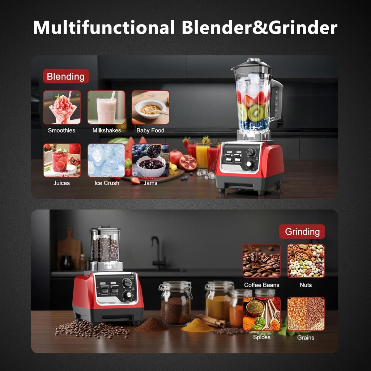 1800W Smoothie Blender and Grinder Combo 70OZ Large Capacity Countertop Blenders for Kitchen High Speed Blender for Smoothies Ice Crushing Frozen Drinks Puree (Dark Red) - Image 3