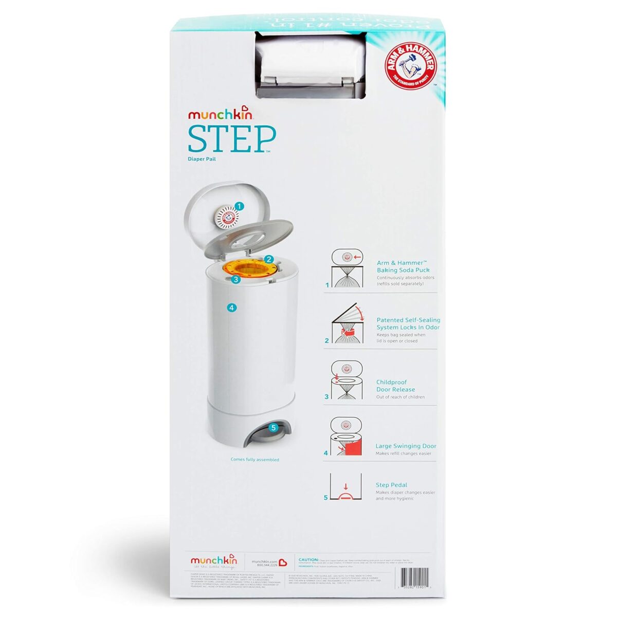 Munchkin® STEP™ Diaper Pail Powered by Arm & Hammer, #1 in Odor Control, Award-Winning, Includes 1 Snap, Seal & Toss™ Bag, 1 Starter Refill Ring, and 1 PUCK™ Baking Soda Cartridge - Image 6