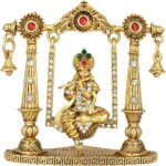 Lord Krishna Idol on Jhula Flute Krishna Idol Gold Metal Statue for Home Décor Car Dashboard Mandir Pooja Murti Temple Puja Office Table Showpiece - Image 3
