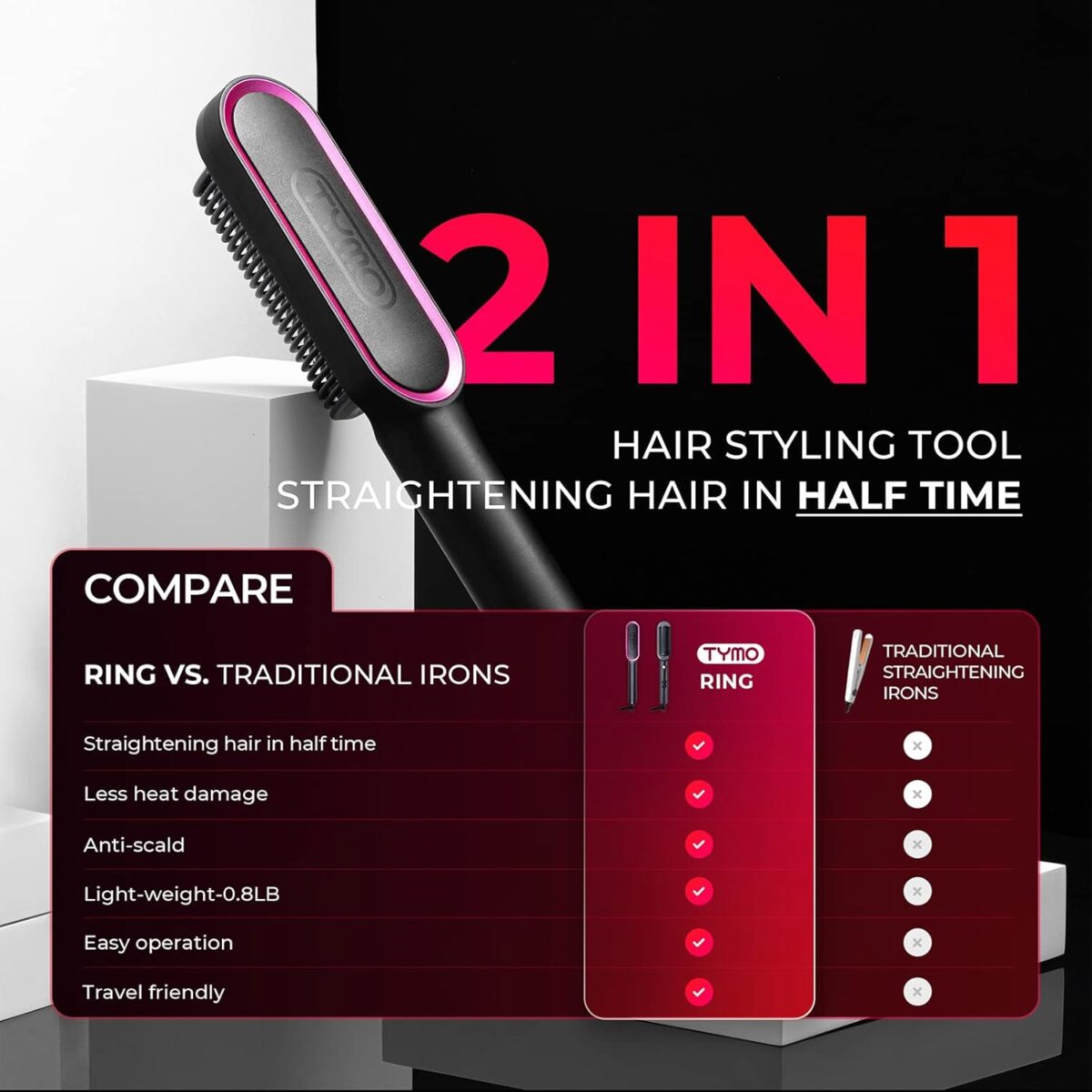 Hair Straightener Brush, TYMO Ring Hair Straightener Comb Straightening Brush for Women with 5 Temps 20s Fast Heating & Dual Voltage, Black - Image 4