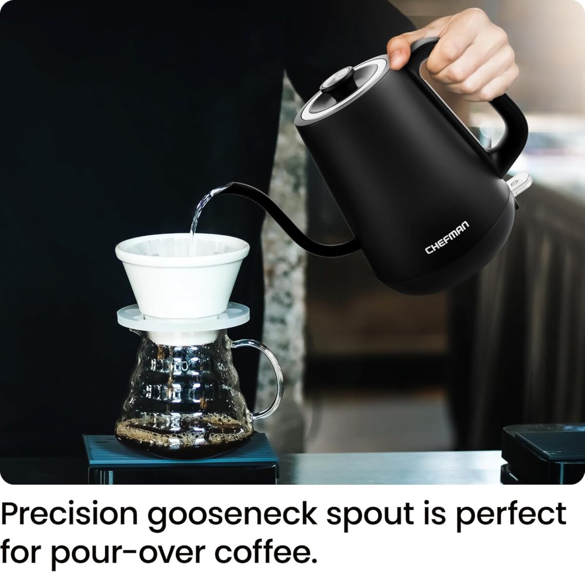 Chefman Gooseneck Electric Kettle, 0.8L Pour Over Tea Kettle for Coffee and Tea, One-Touch Operation, Boil-Dry Protection, Auto Shut-Off, Ultra-Fast Hot Water Boiler – Black - Image 3