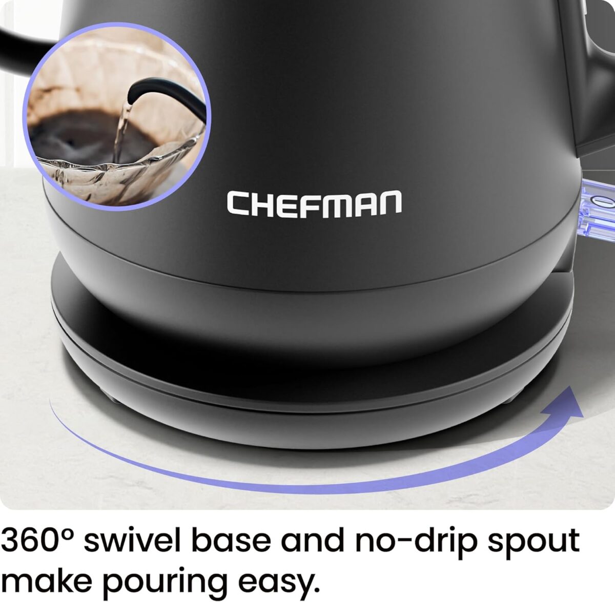 Chefman Gooseneck Electric Kettle, 0.8L Pour Over Tea Kettle for Coffee and Tea, One-Touch Operation, Boil-Dry Protection, Auto Shut-Off, Ultra-Fast Hot Water Boiler – Black - Image 7