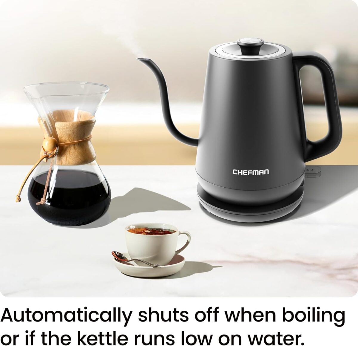 Chefman Gooseneck Electric Kettle, 0.8L Pour Over Tea Kettle for Coffee and Tea, One-Touch Operation, Boil-Dry Protection, Auto Shut-Off, Ultra-Fast Hot Water Boiler – Black - Image 8